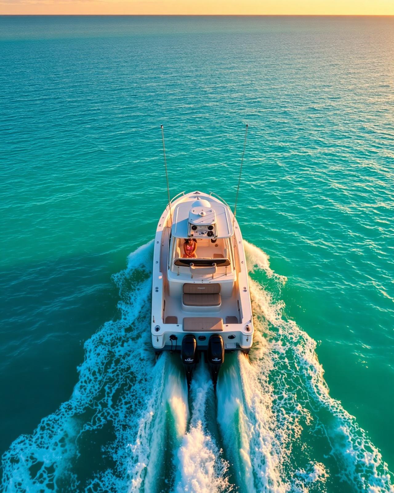 Charter boat cruising in turquoise Florida water at golden hour